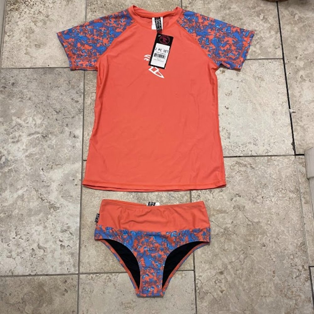 da hui girl 2-piece set, color coral blue; rash guard swimsuit;